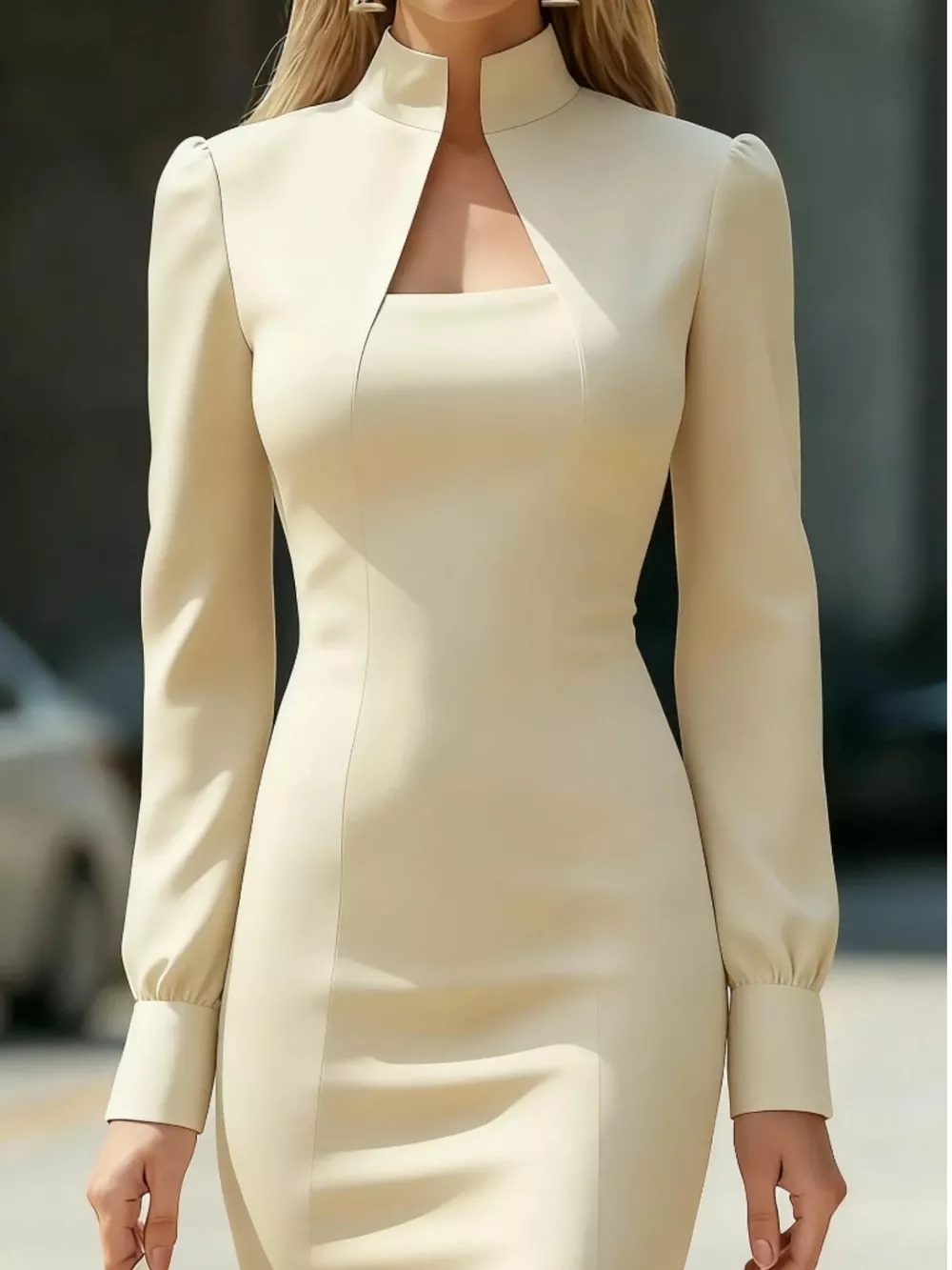 Slit High Neck Long Sleeve Dress