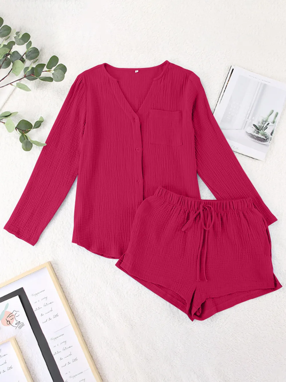 Notched Long Sleeve Top and Shorts Set, image 17