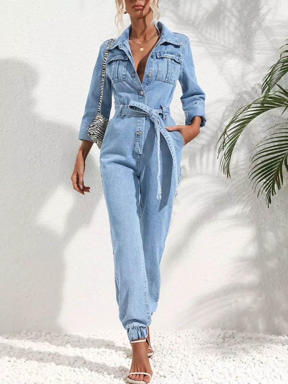 Long Sleeve Button-Up Denim Jumpsuit with Belted Waist and Elastic Cuffs, image 7