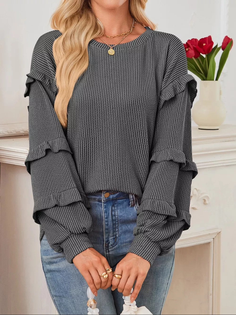 Ruffled Long Sleeve Knit T-Shirt, image 2