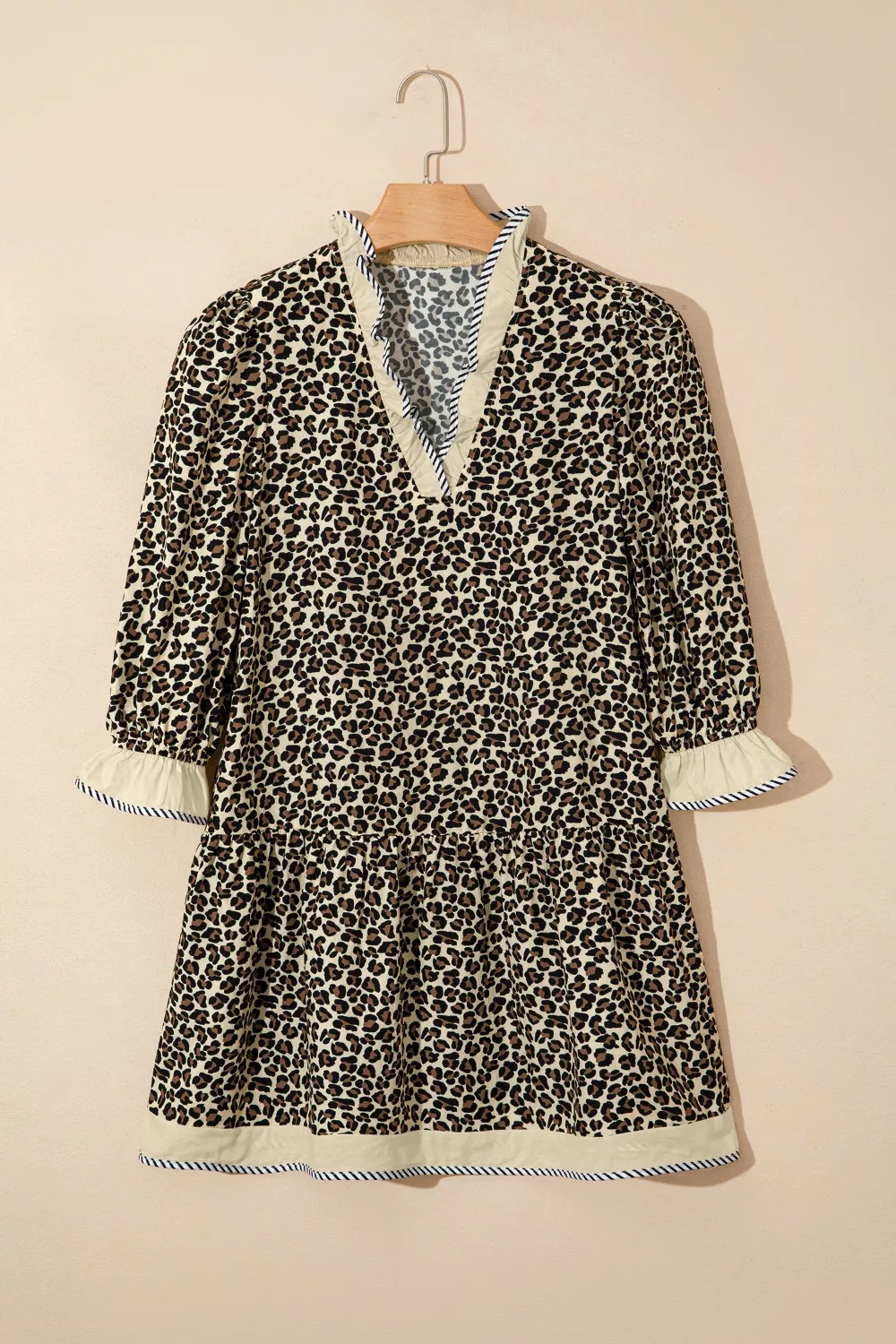 Leopard Print Striped Color Block Trim V Neck Bracelet Sleeve Mini Dress, image 8