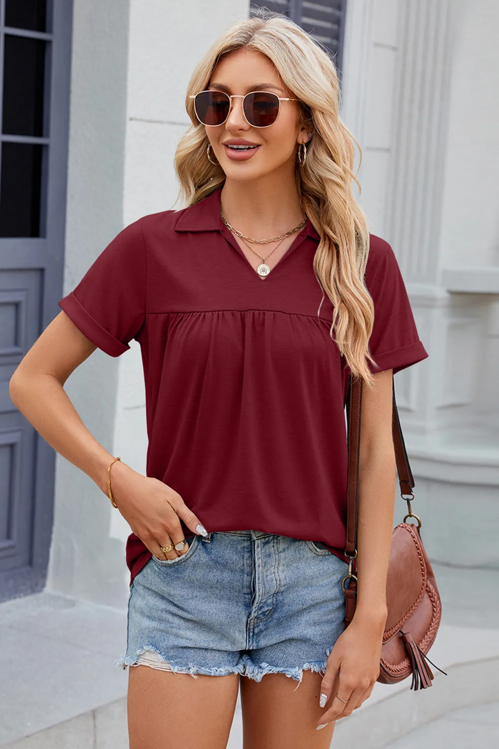 Ruched Johnny Collar Short Sleeve Blouse, image 2