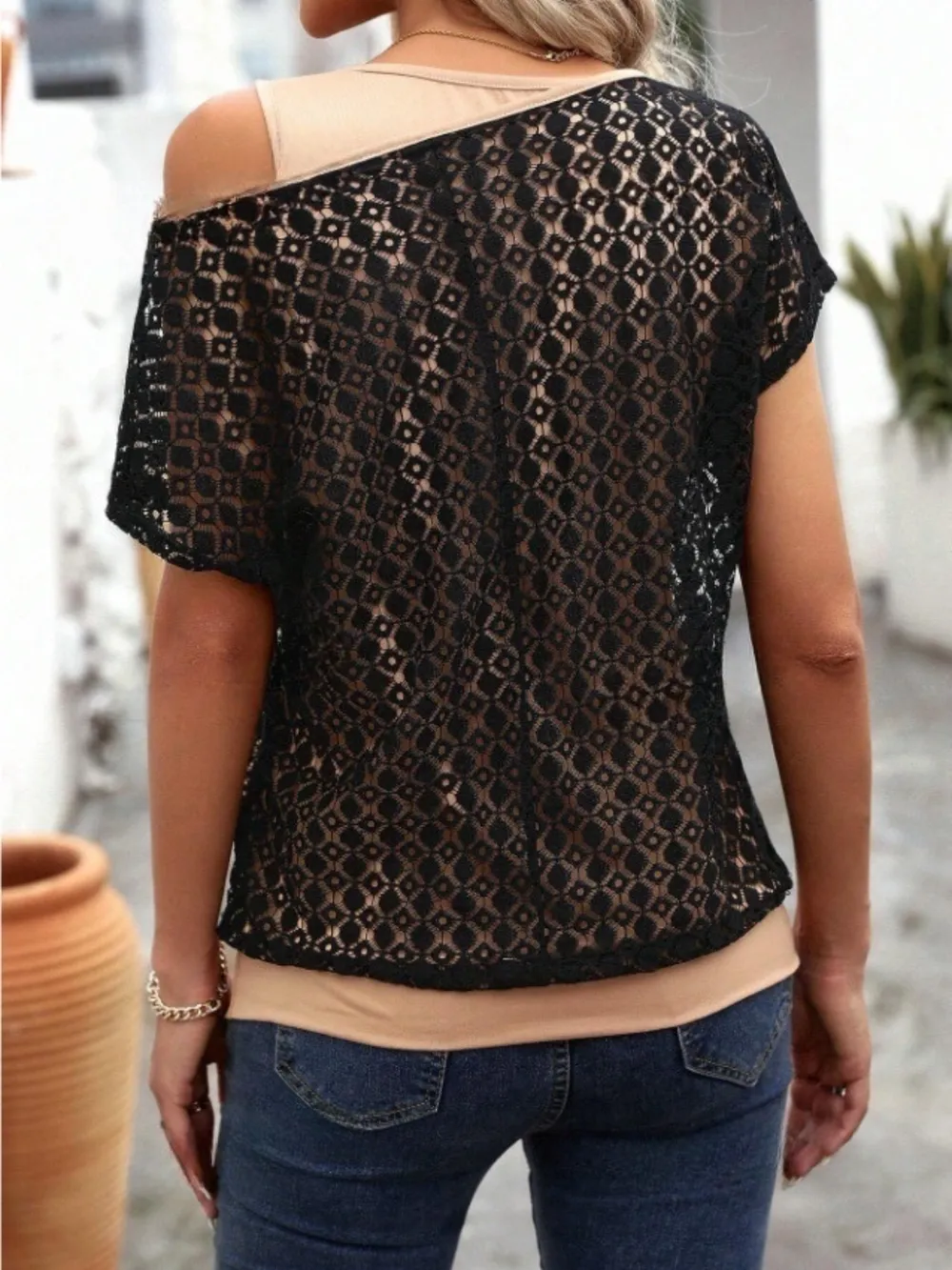 Lace Short Sleeve Fake Two Piece T-Shirt, image 2