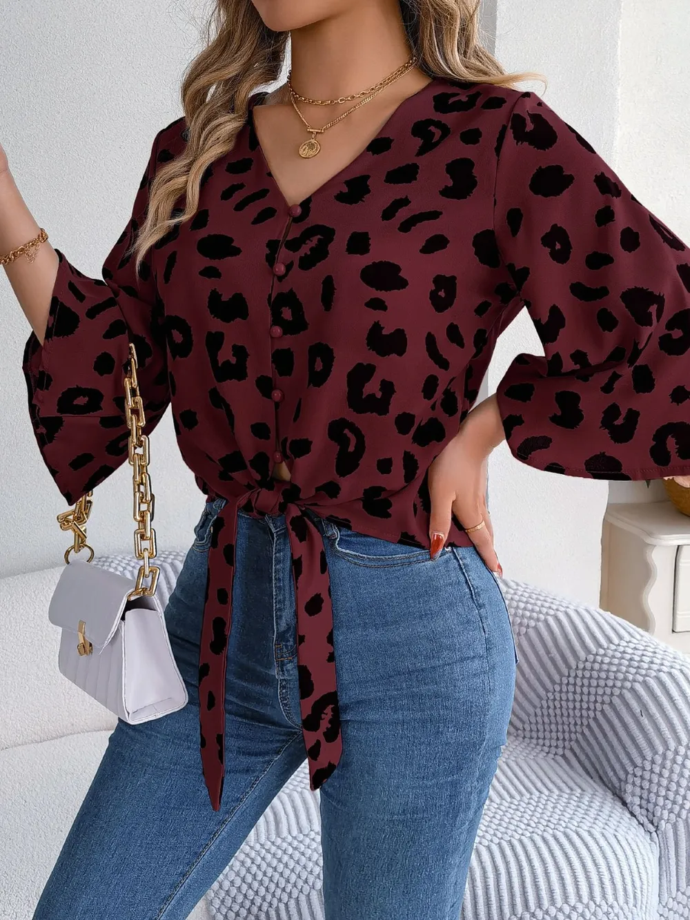 Tied Button Up Leopard V-Neck Blouse, image 17