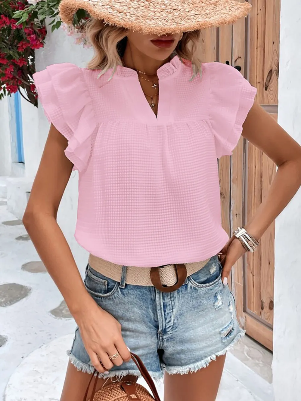 Ruffled Notched Cap Sleeve Blouse, image 7