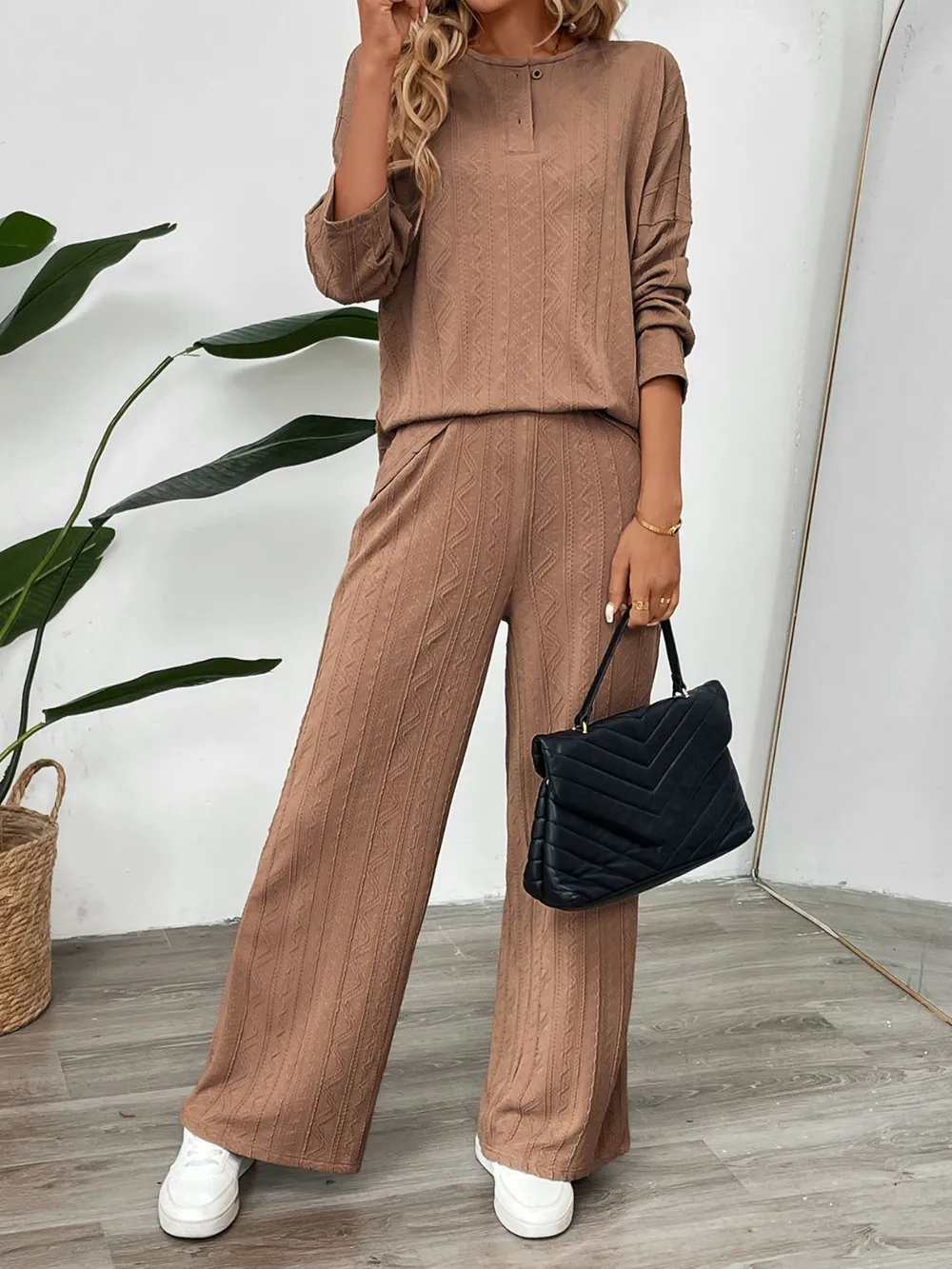 Quarter Button Long Sleeve Top and Pants Set, image 5