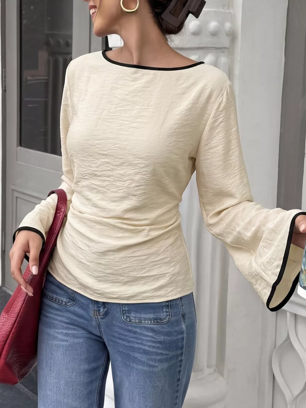 Contrast Trim Flare Sleeve Blouse, image 4