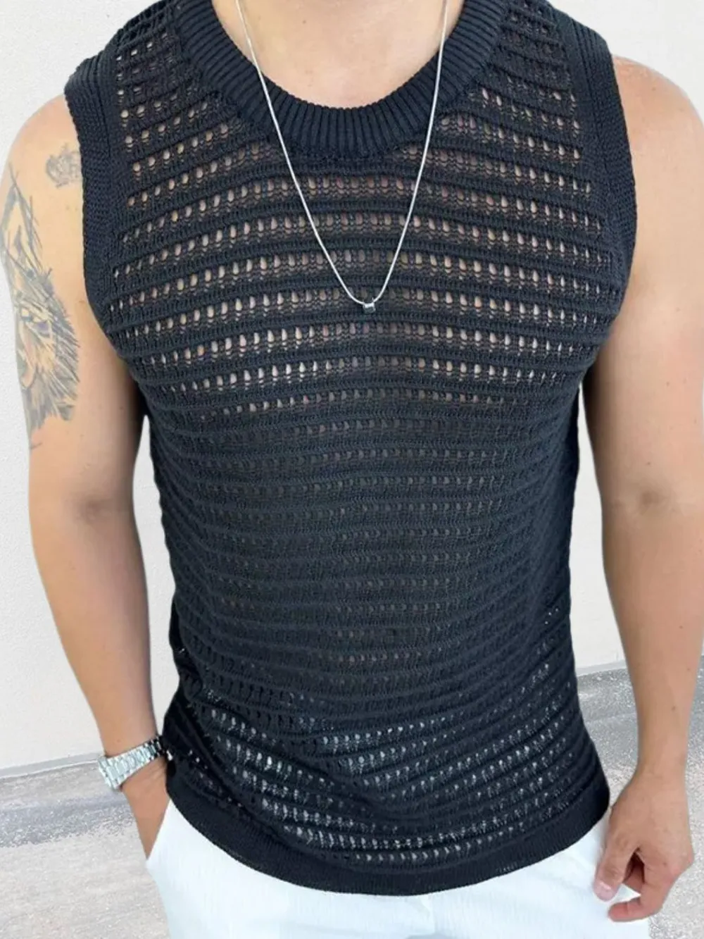 Men's Round Neck Hollow Out Sleeveless Knit Top, image 5