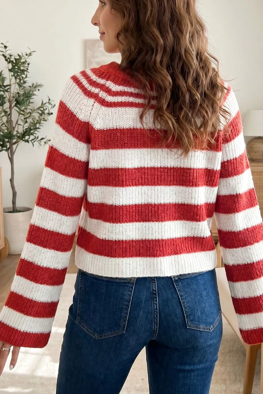 Striped Colorblock V Neck Long Sleeve Shift Sweater, image 2