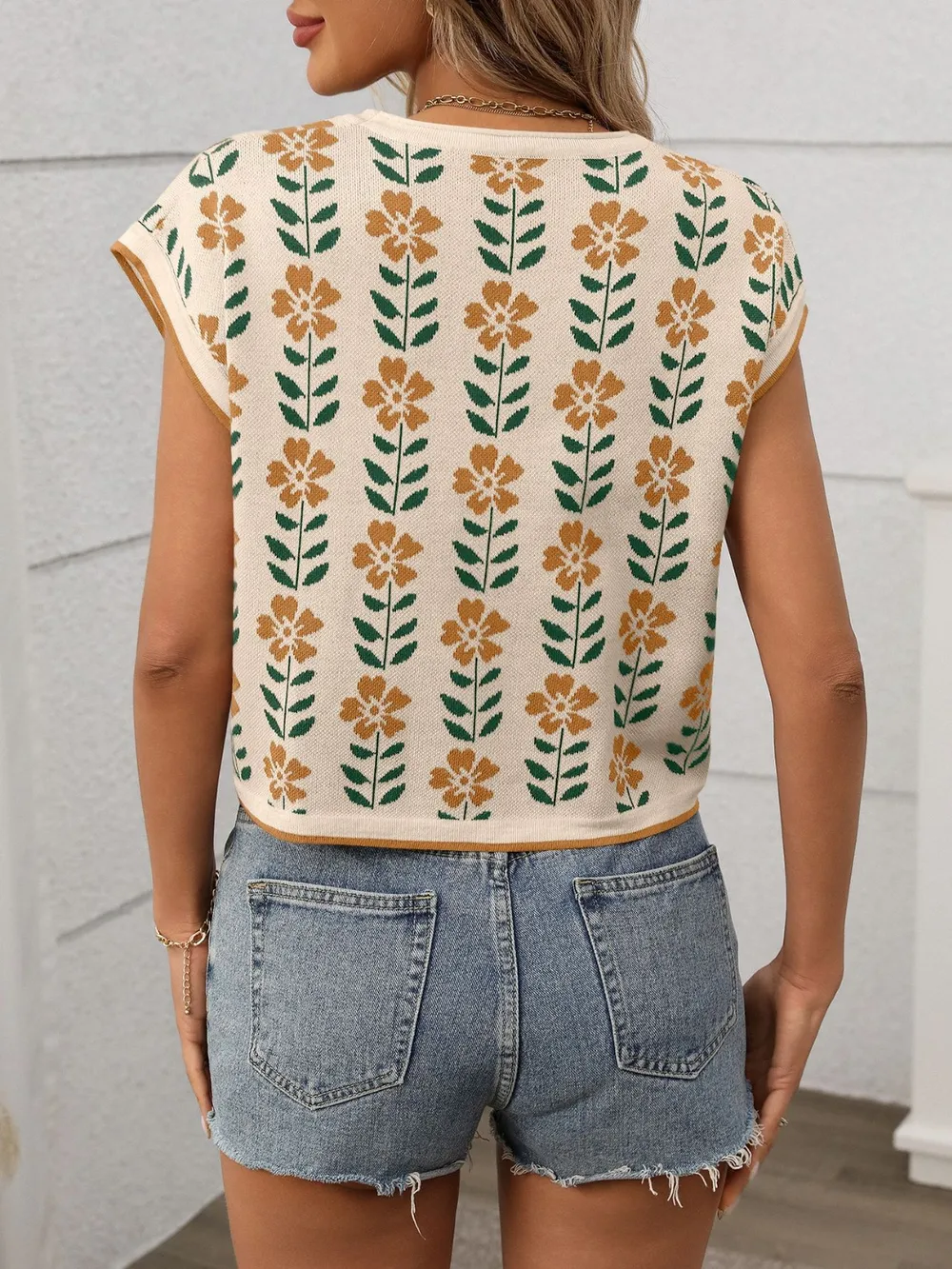 Flower Round Neck Short Sleeve Knit Top, image 11