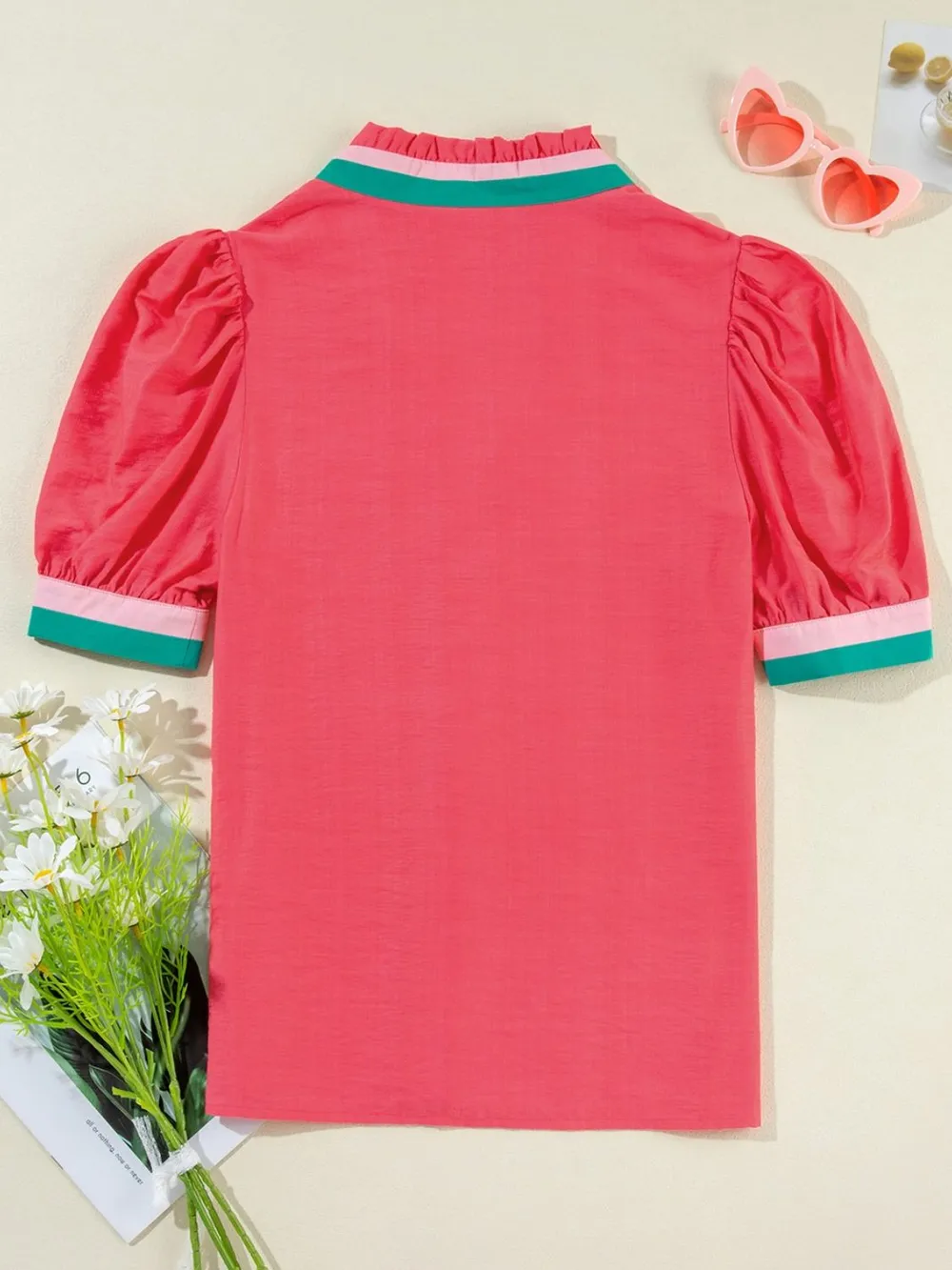 Carrot Colorful Trim V Neck Short Sleeve Blouse, image 9