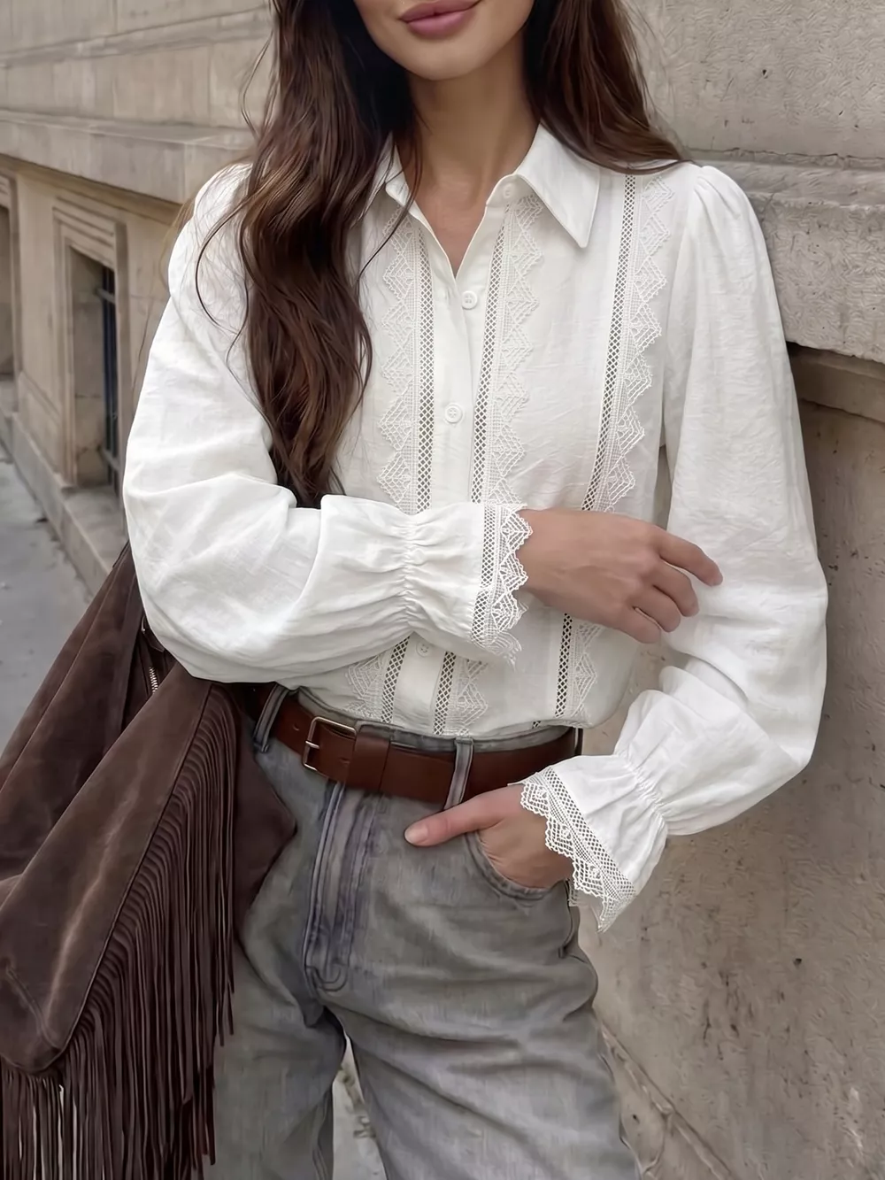 Lace-Trimmed Button-Down Shirt