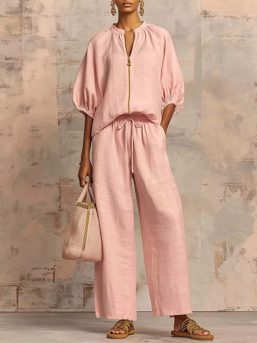 Full Size Zip-Front Top and Wide-Leg Pants Set Plus Size, image 4