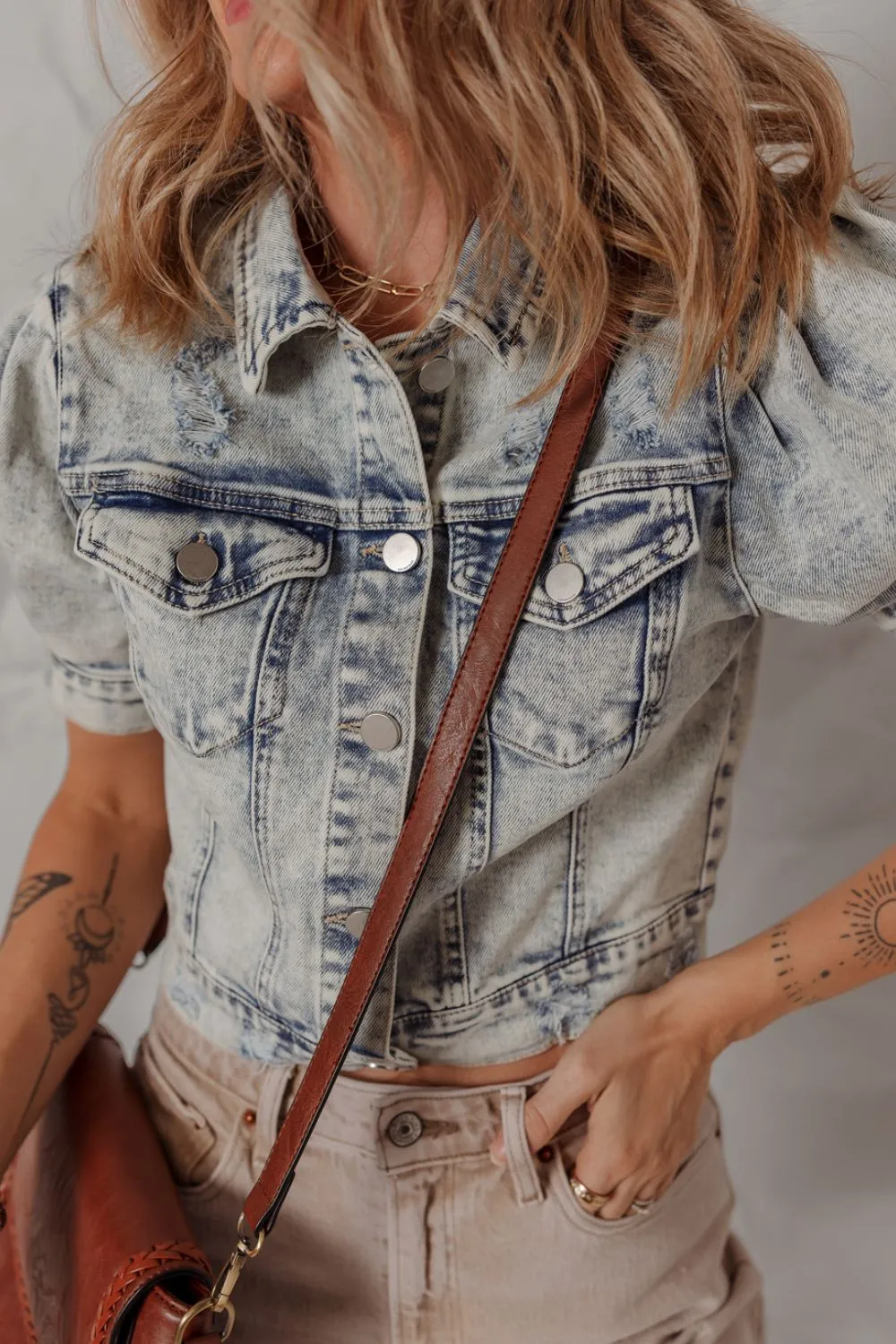 Wash Buttoned Chest Pocket Puff Sleeve Denim Jacket, image 5