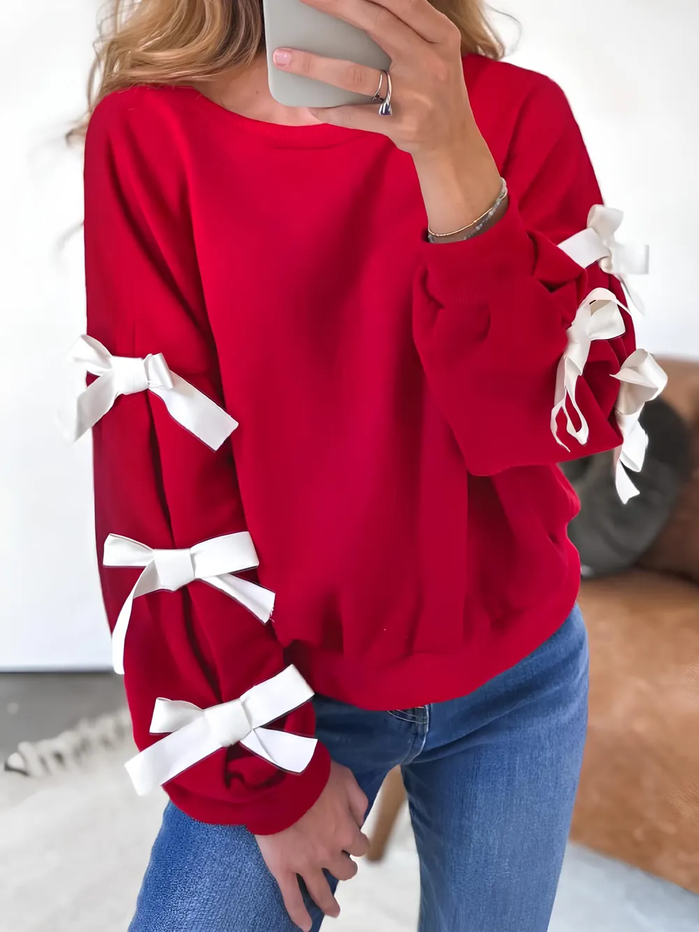 Contrast Bow Round Neck Long Sleeve Sweatshirt, image 2