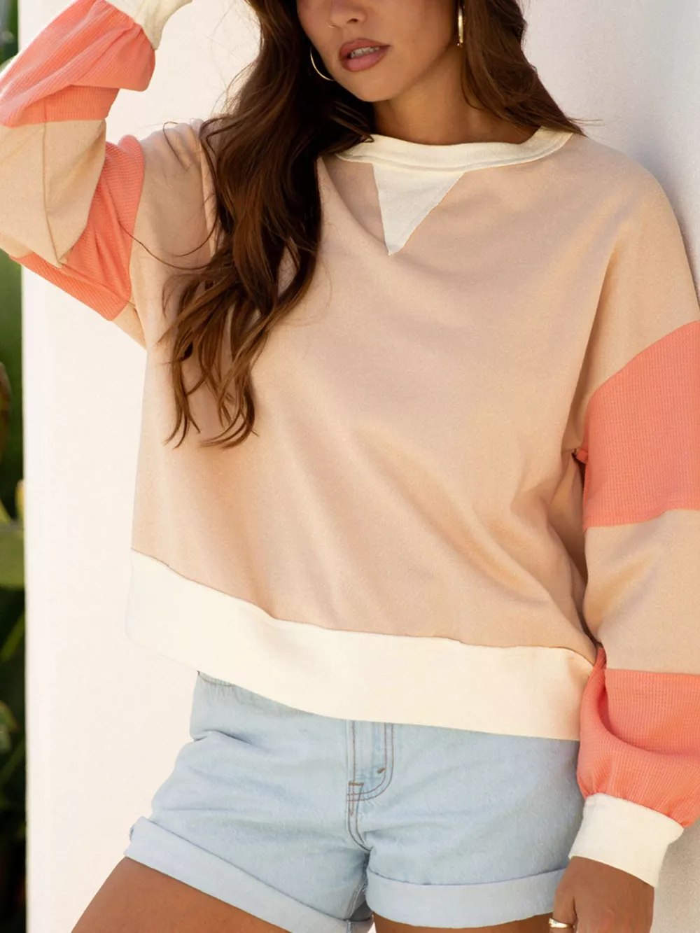 Color Block Textured Patchwork Pullover Sweatshirt, image 3