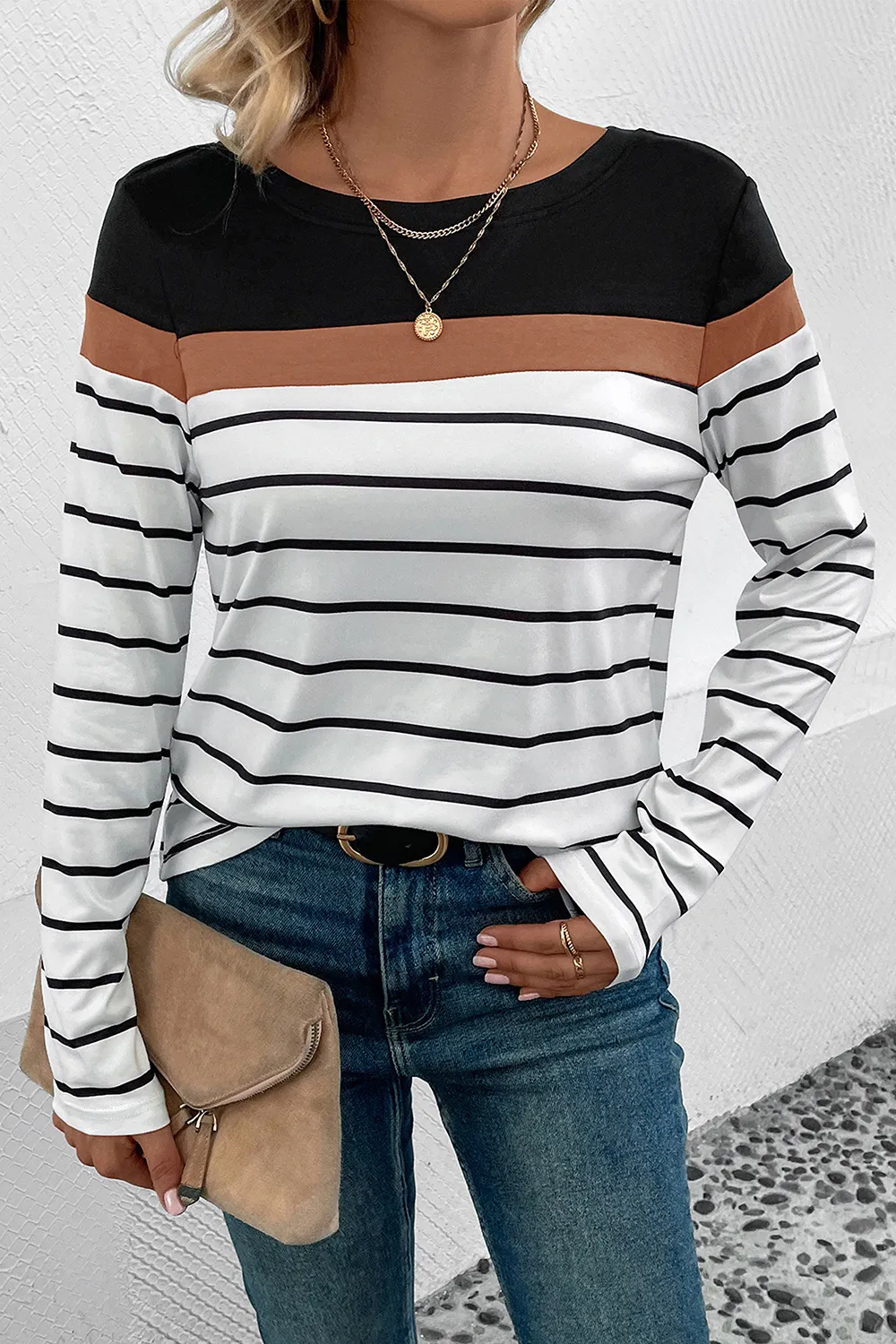 Striped Round Neck Long Sleeve T-Shirt, image 13