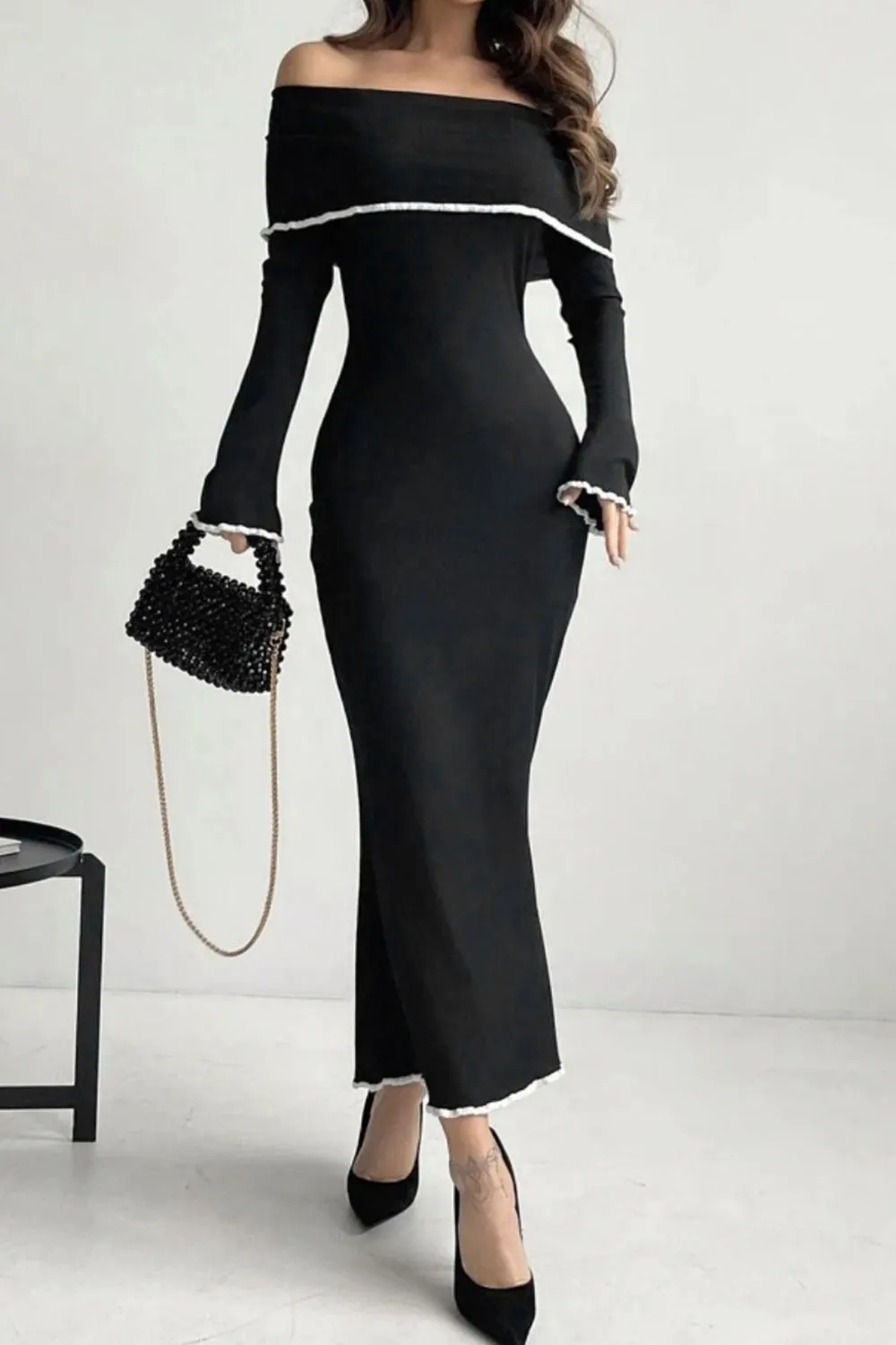 Contrast Trim Off-Shoulder Long Sleeve Maxi Sweater Dress, image 2