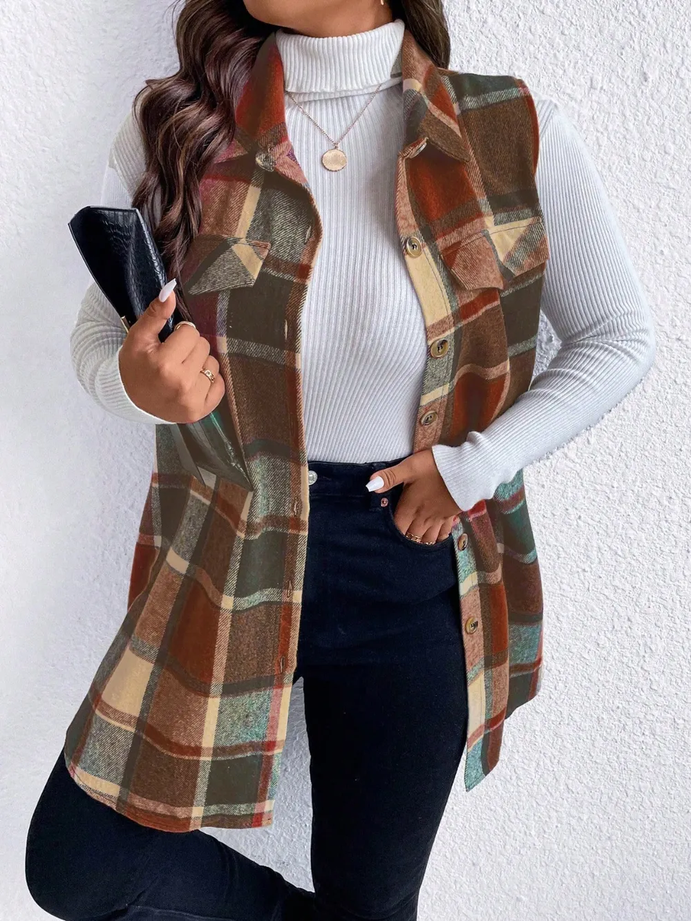 Plus Size Pocketed Plaid Button Up Vest Coat, image 19