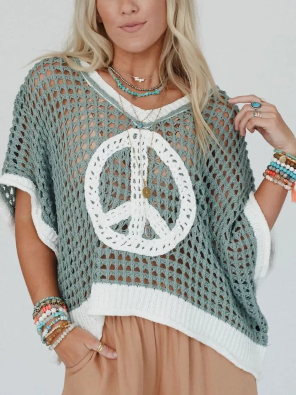 Peace Sign Crochet Knit Cover Up, image 3