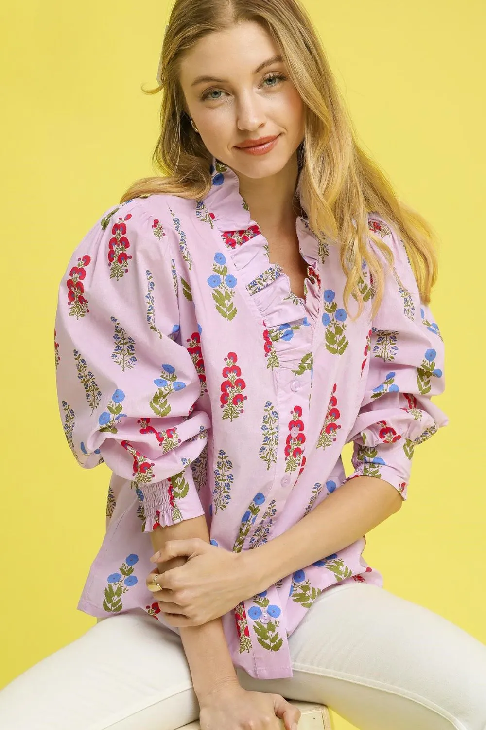 Floral Print Lantern Sleeve Button Down Shirt