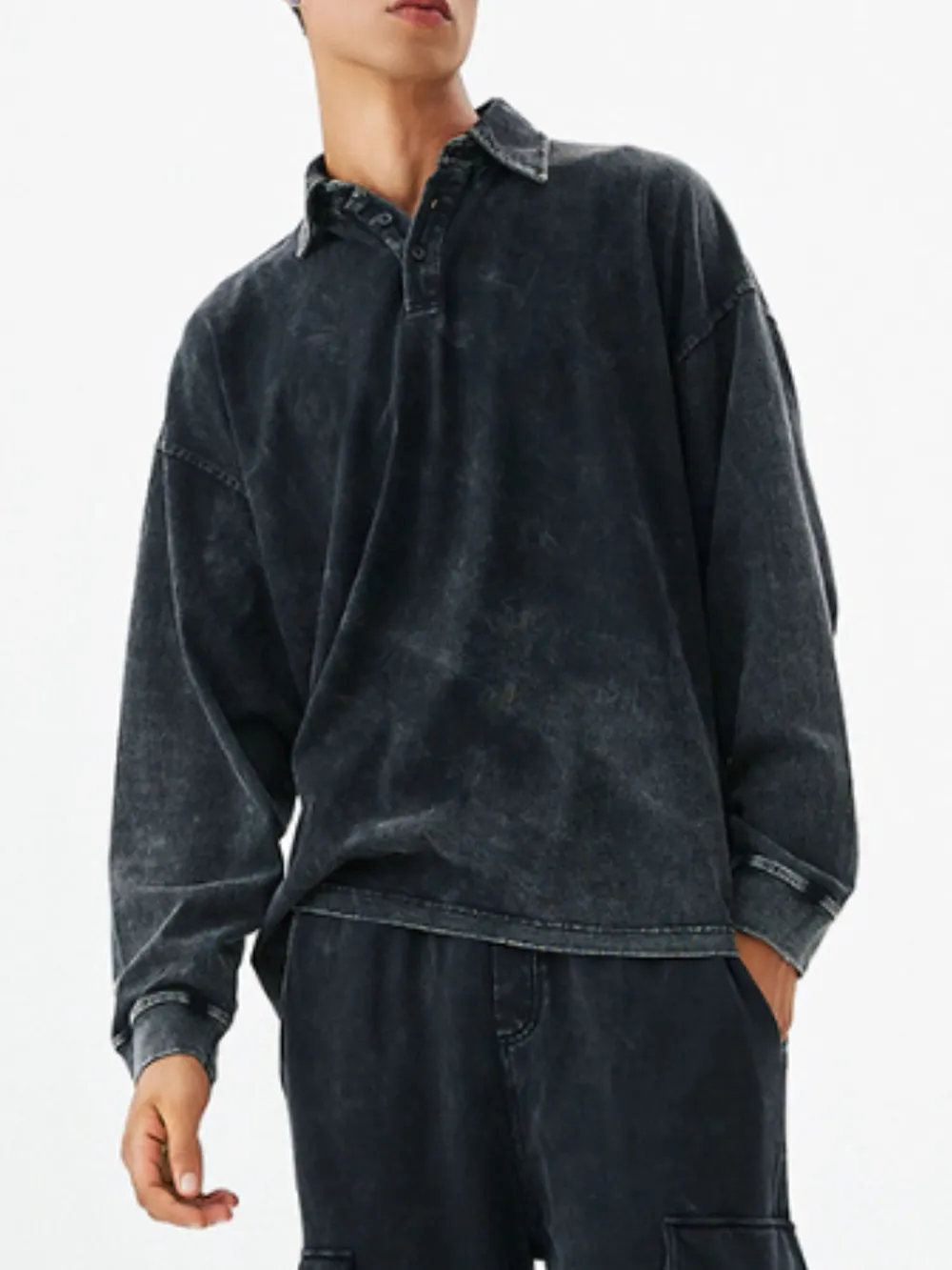 Men's Washed Long Sleeve Polo Shirt, image 2