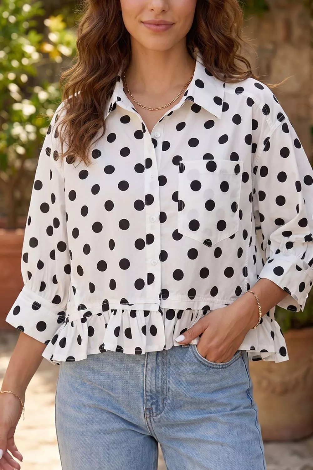 Polka Dot Print Three‑Quarter‑Sleeve Ruffle Hem Casual Shirt, image 5