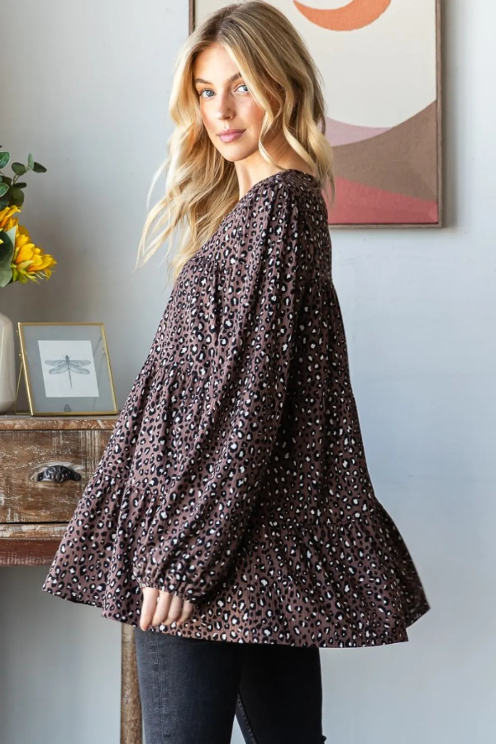 Leopard Long Sleeve Tiered Blouse, image 2