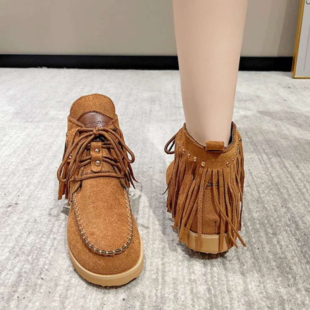 Fringe Studded Round Toe Canvas Boots, image 11