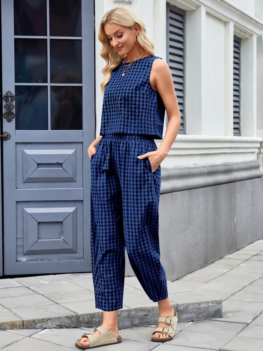Plaid Sleeveless Top and Pants Set, image 3