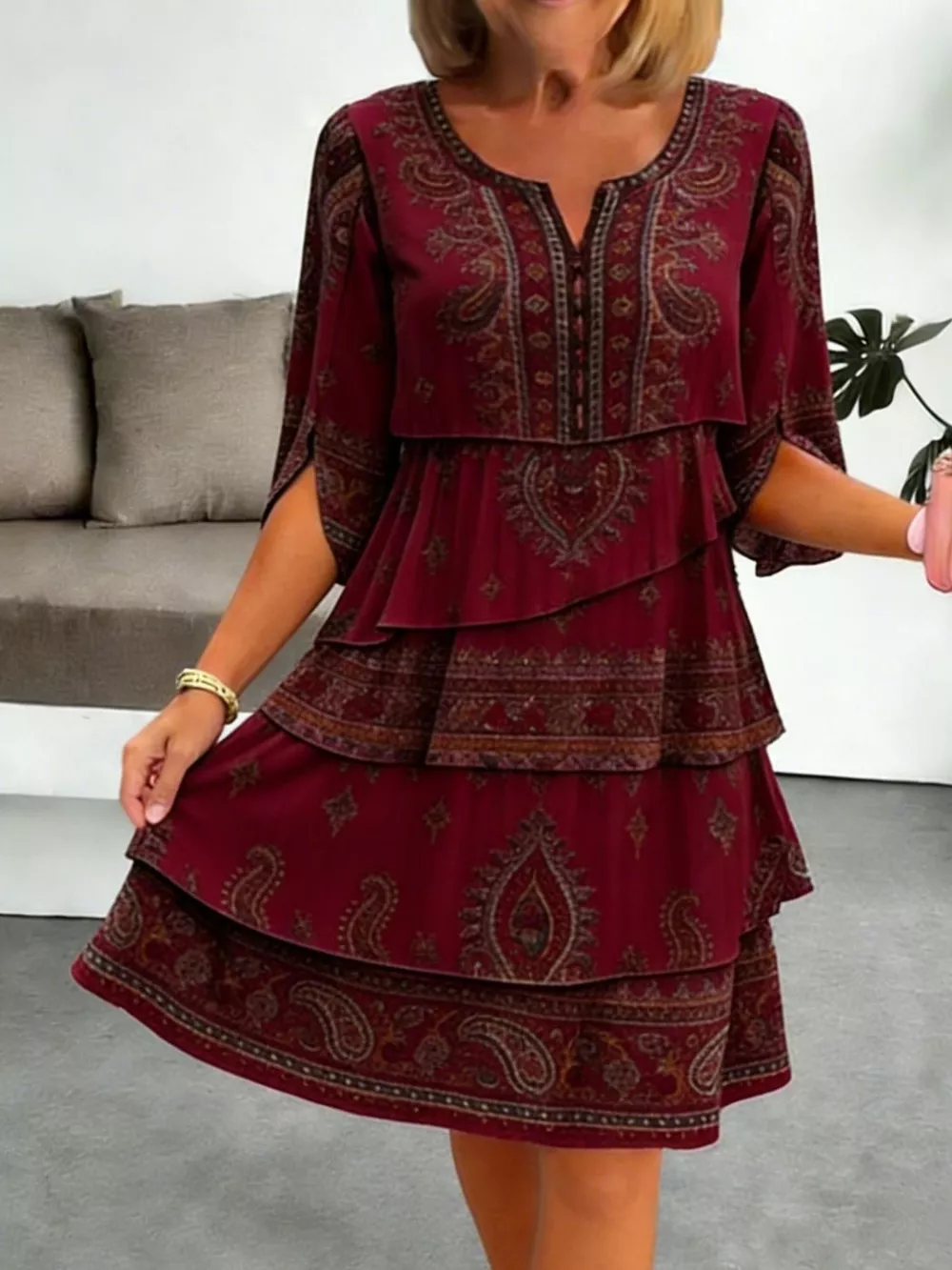 Full Size Paisley Print Layered Ruffle Mini Dress Plus Size, image 7