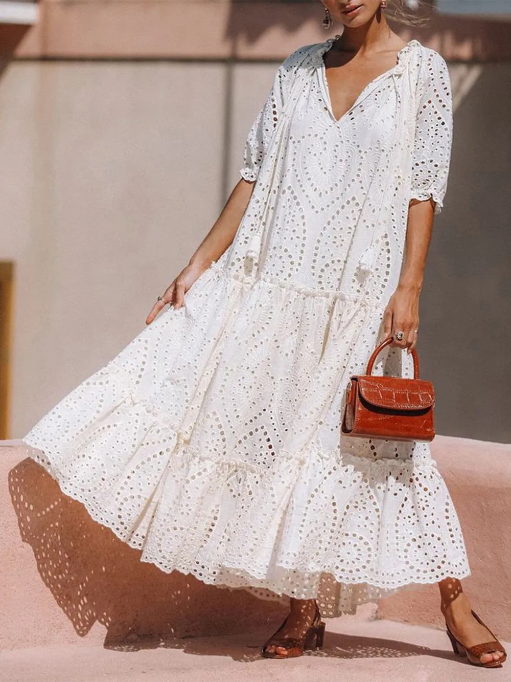 Tie Neck Half Sleeve Tiered Dress, image 4