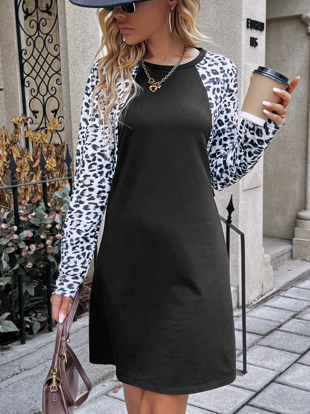 Leopard Round Neck Long Sleeve Dress, image 5
