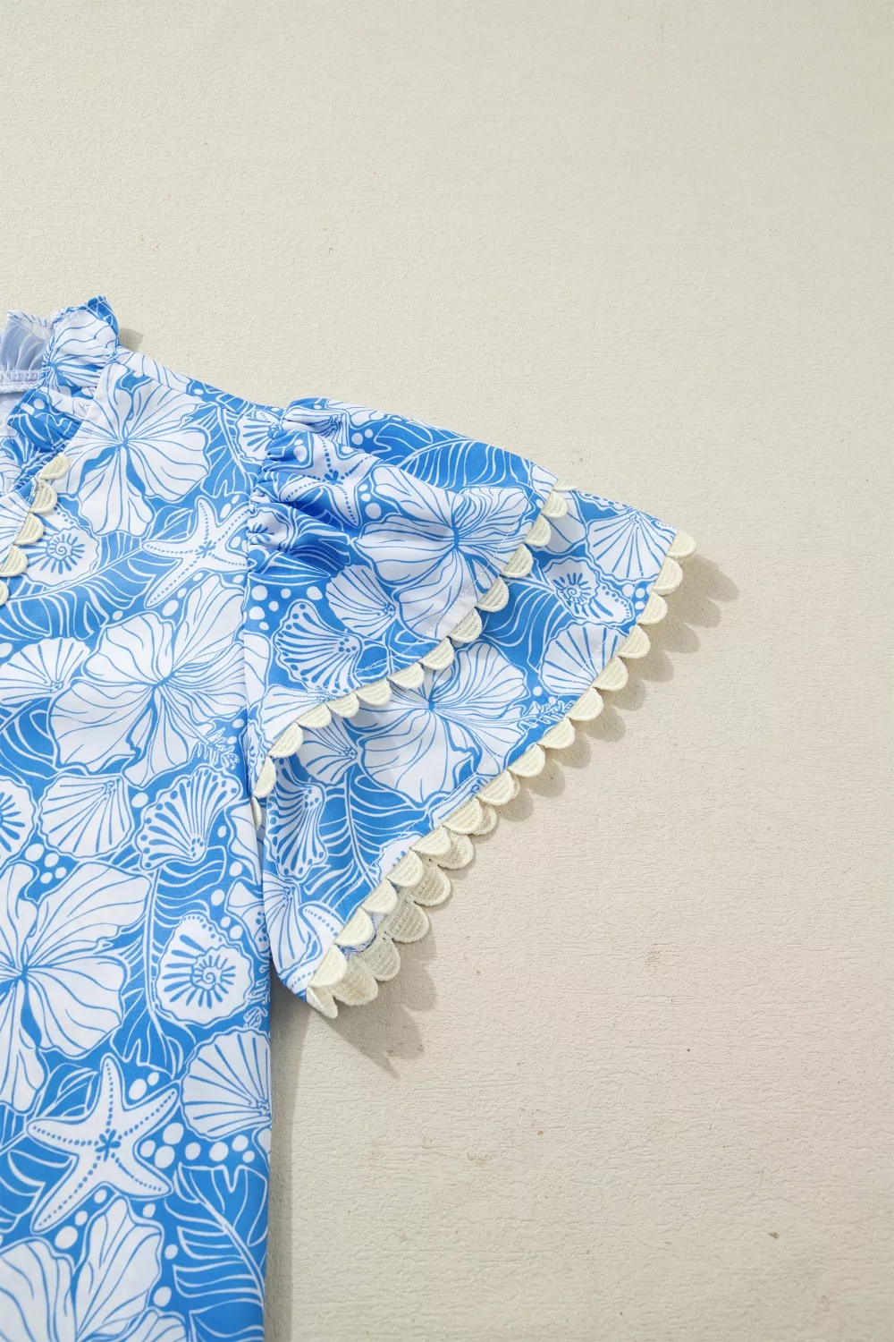 Floral Print Scalloped Trim V Neck Short Sleeve Blouse, image 7