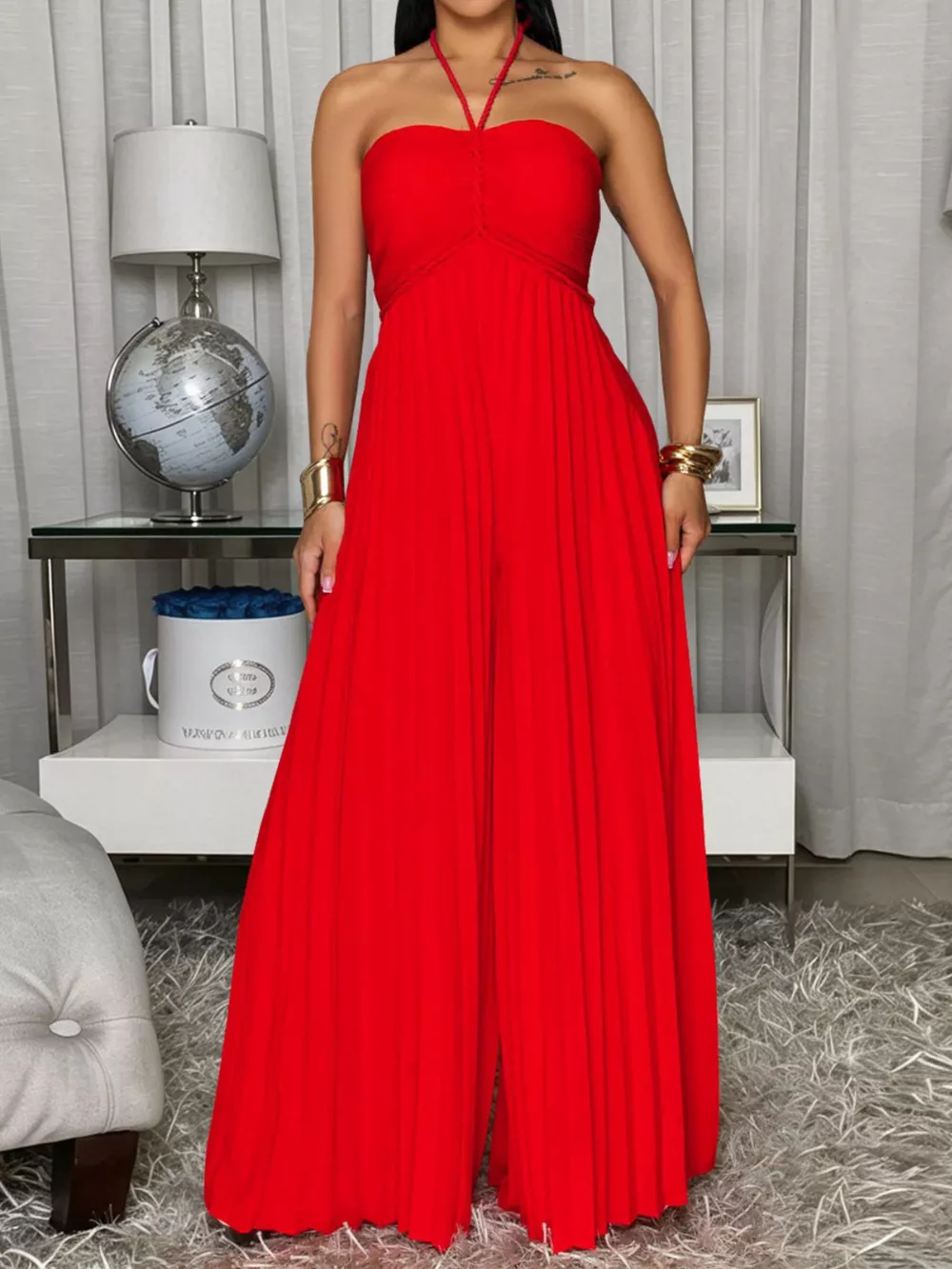 Pleated Halter Neck Wide Leg Jumpsuit, image 6
