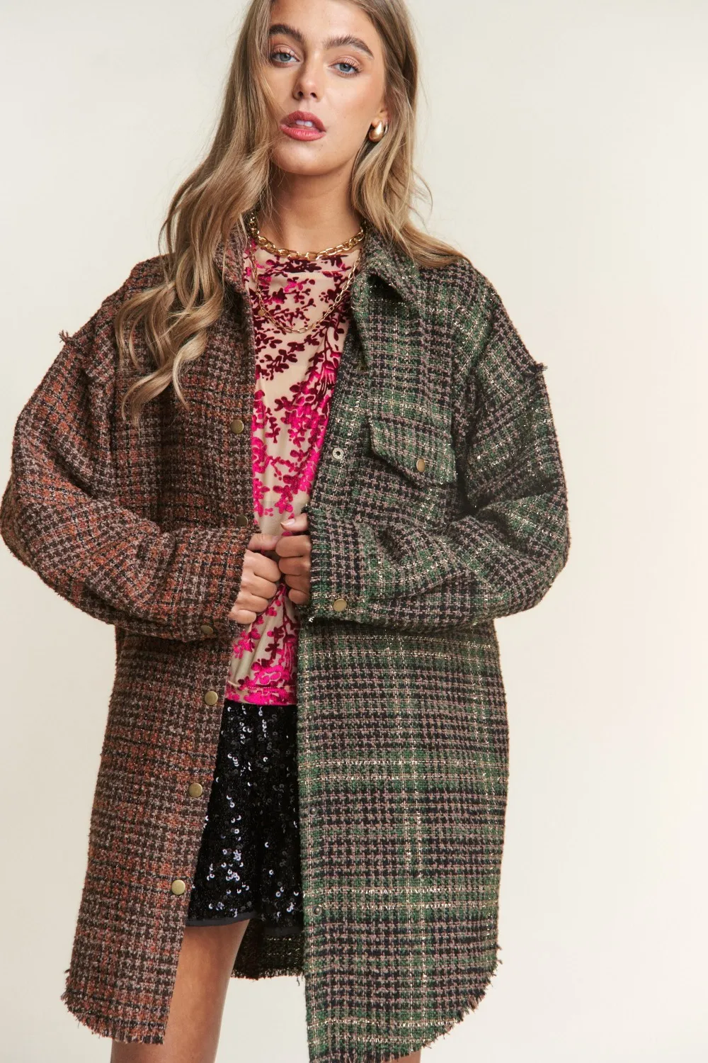 Snap Down Tweed Plaid Contrast Longline Shacket, image 6