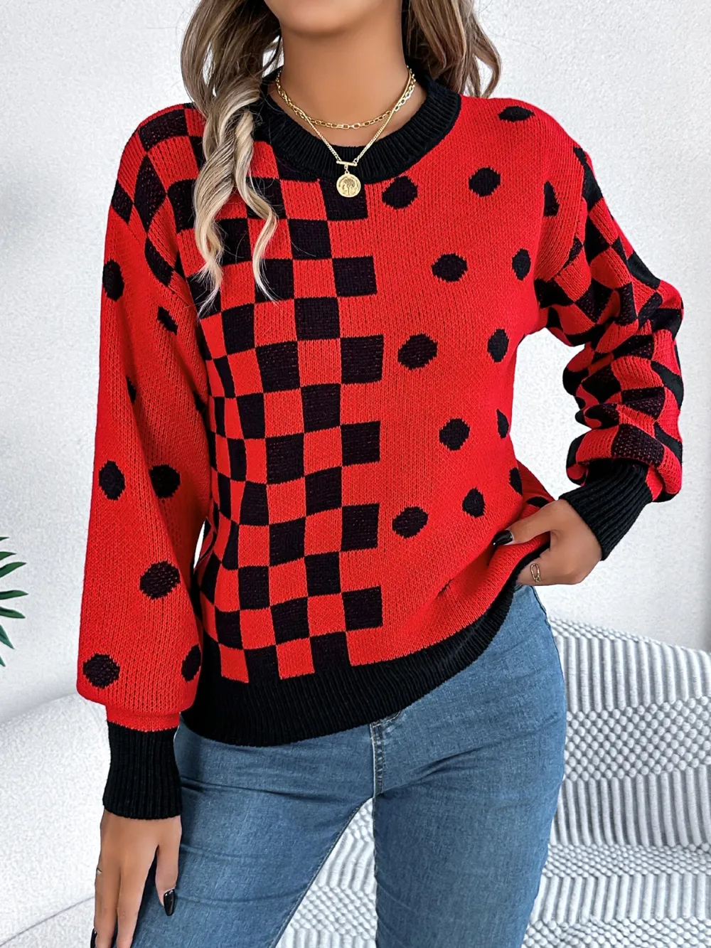 Plaid Round Neck Long Sleeve Sweater, image 8