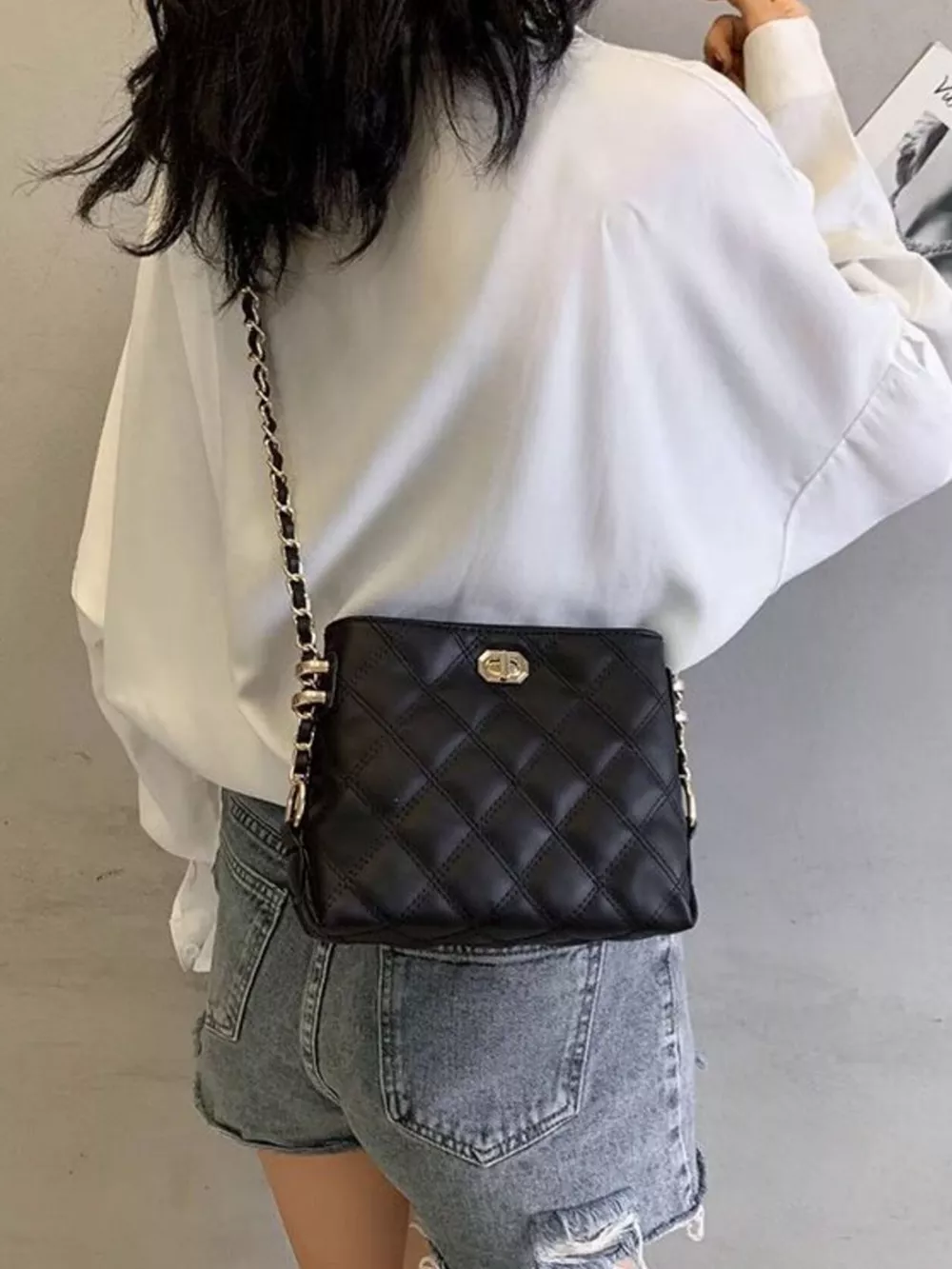 Quilted Bucket Crossbody Bag with Chain Strap, image 7