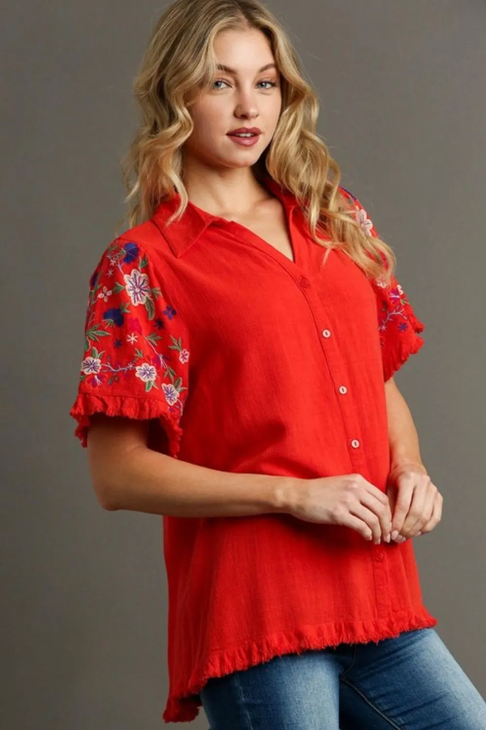 Full Size Linen Shirt with Embroidered Sleeves Plus Size, image 2