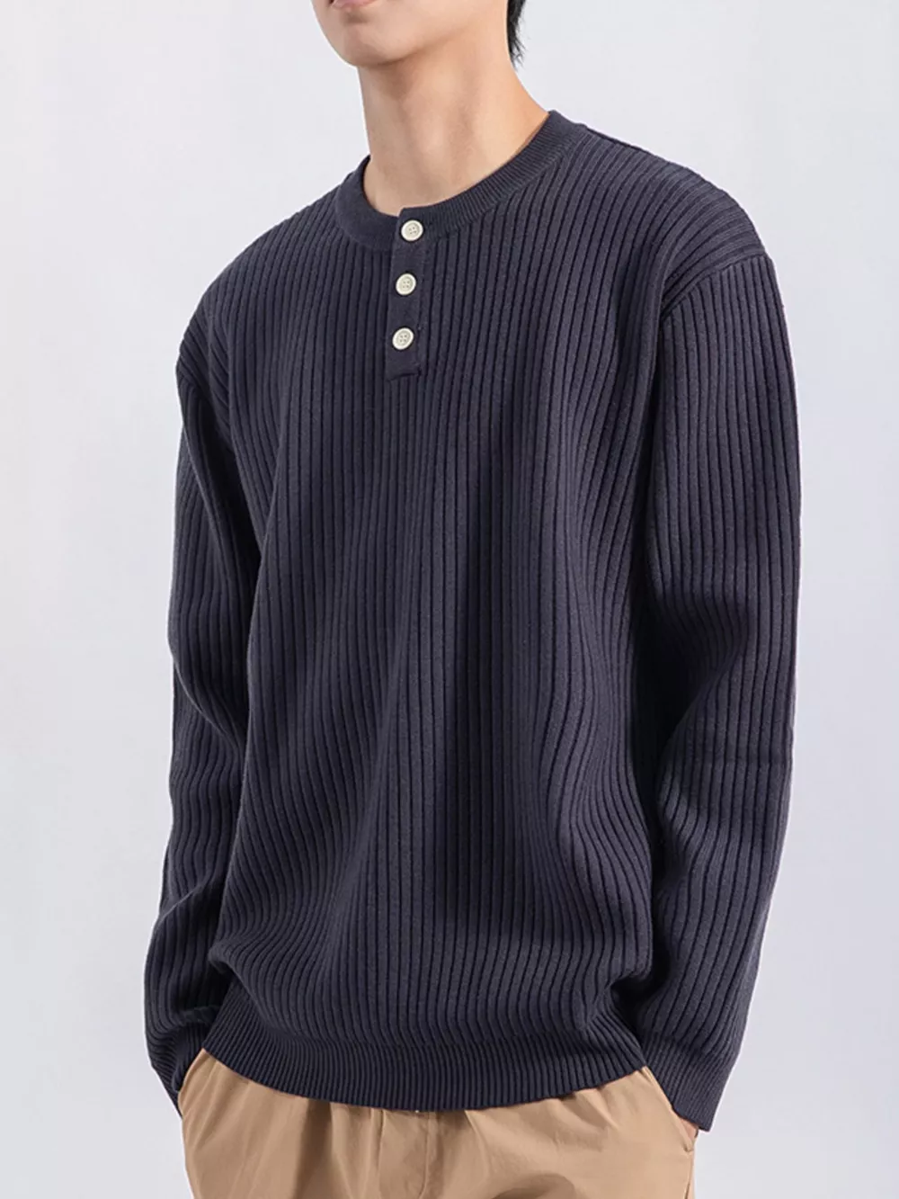 Men's Plus Size Ribbed Button Detail Knit Top, image 11