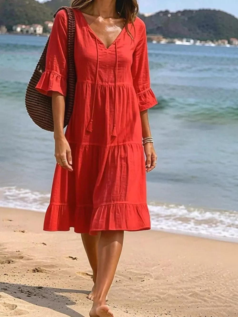 Full Size Tiered Tie Neck Flounce Sleeve Dress Plus Size, image 4