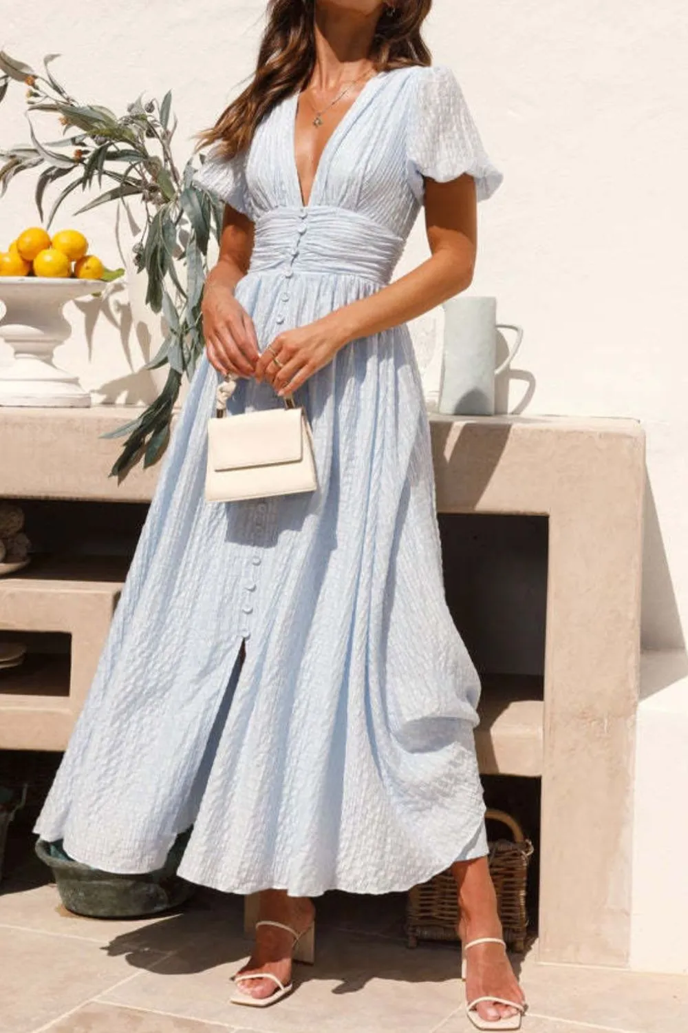 V-Neck Puff Short Sleeve Midi Dress, image 17