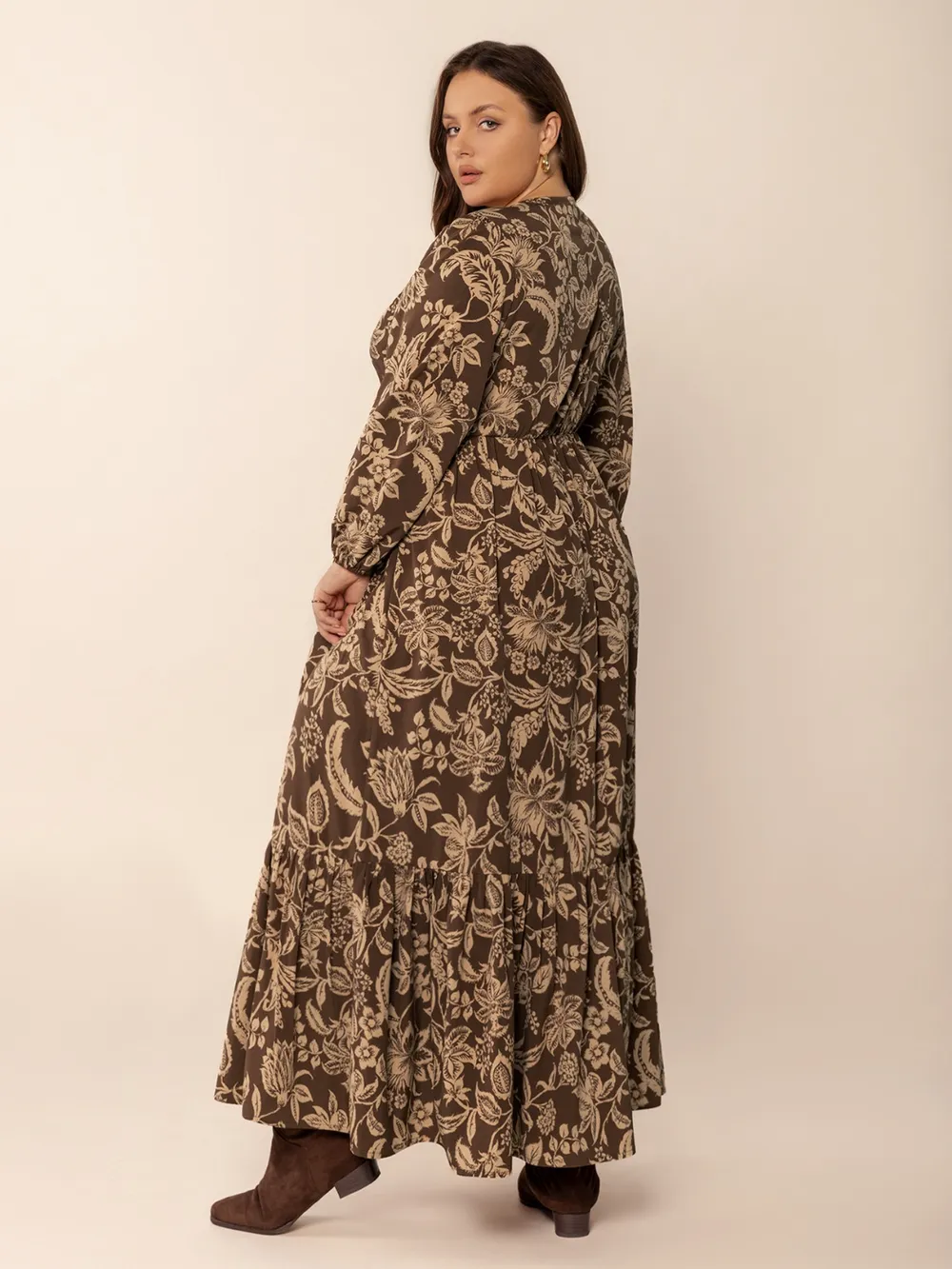 Plus Size Printed V-Neck Balloon Sleeve Maxi Dress, image 6