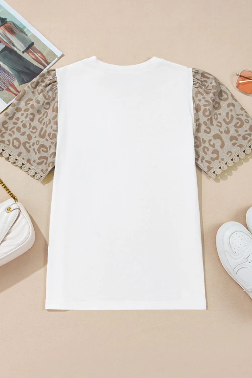 Leopard Patchwork Crochet Lace Trim Puff Sleeve T Shirt, image 8