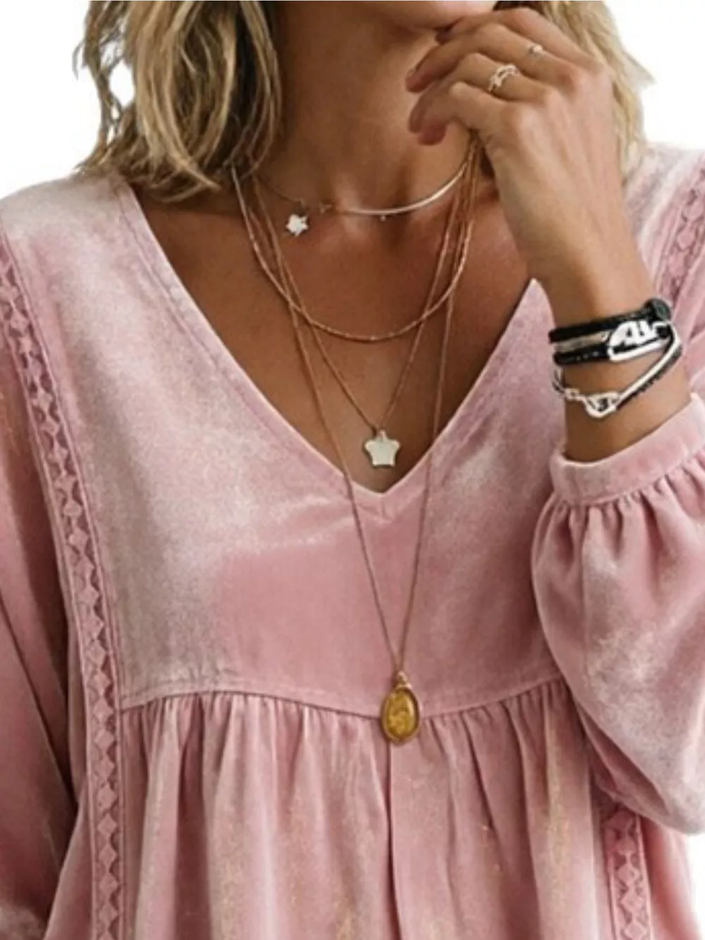 Full Size V-Neck Long Sleeve Velvet Blouse with Lace Trim Plus Size, image 9