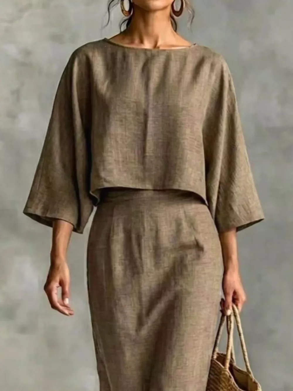 Full Size Solid Color Cropped Top and Midi Skirt Set Plus Size, image 11