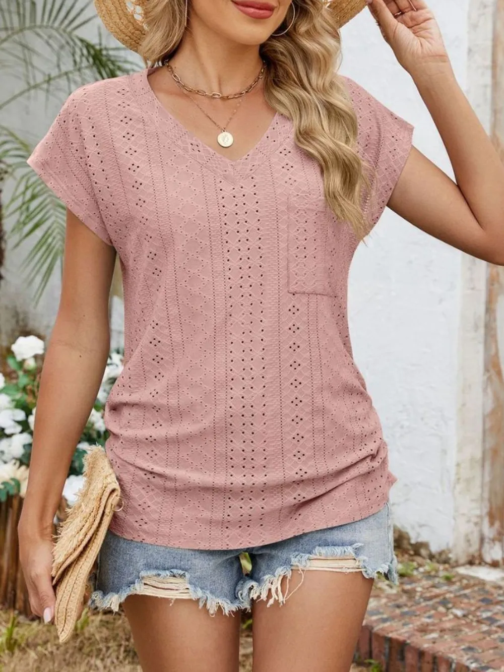 Eyelet V-Neck Short Sleeve Top, image 28