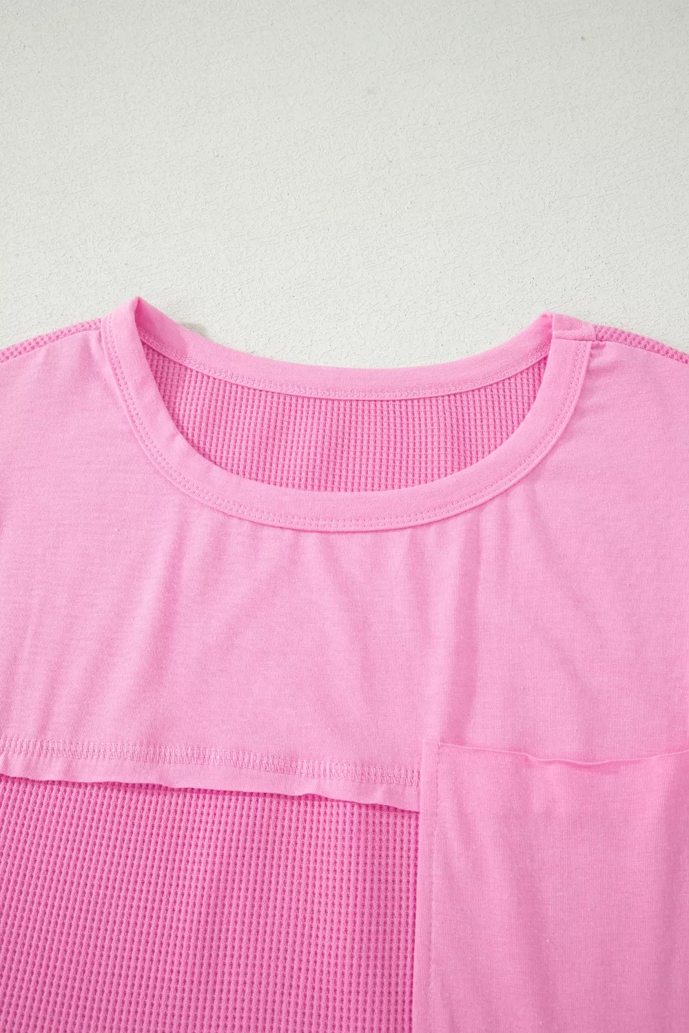 Solid Color Raw Seam Waffled Patchwork Casual T Shirt, image 6