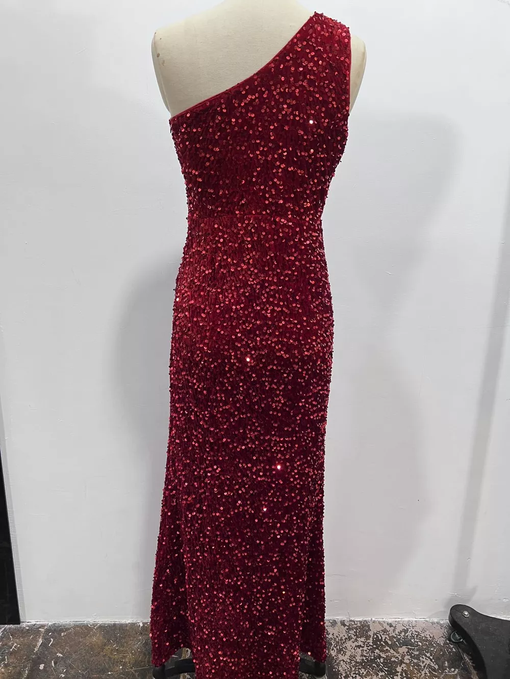 One-Shoulder Ruched Sequin High-Slit Evening Dress, image 26