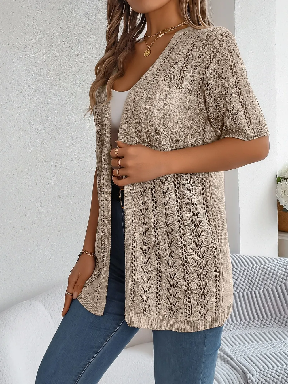 Openwork Open Front Half Sleeve Cardigan, image 6